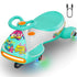 A teal and white electric ride-on toy car with colorful cartoon graphics, orange buttons, and glowing wheels, shown on a white background with a small charging cable icon in the top right.