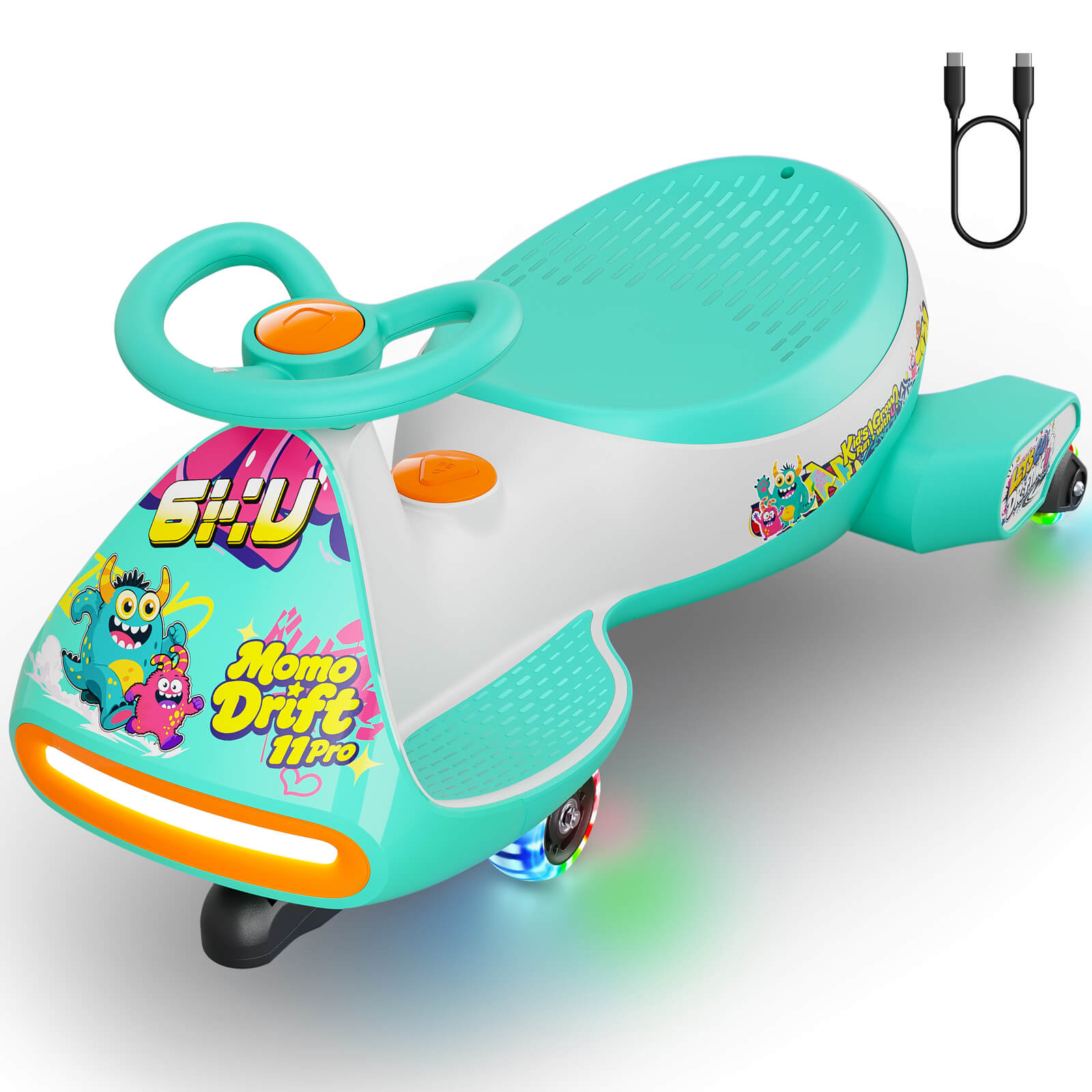 A teal and white electric ride-on toy car with colorful cartoon graphics, orange buttons, and glowing wheels, shown on a white background with a small charging cable icon in the top right.