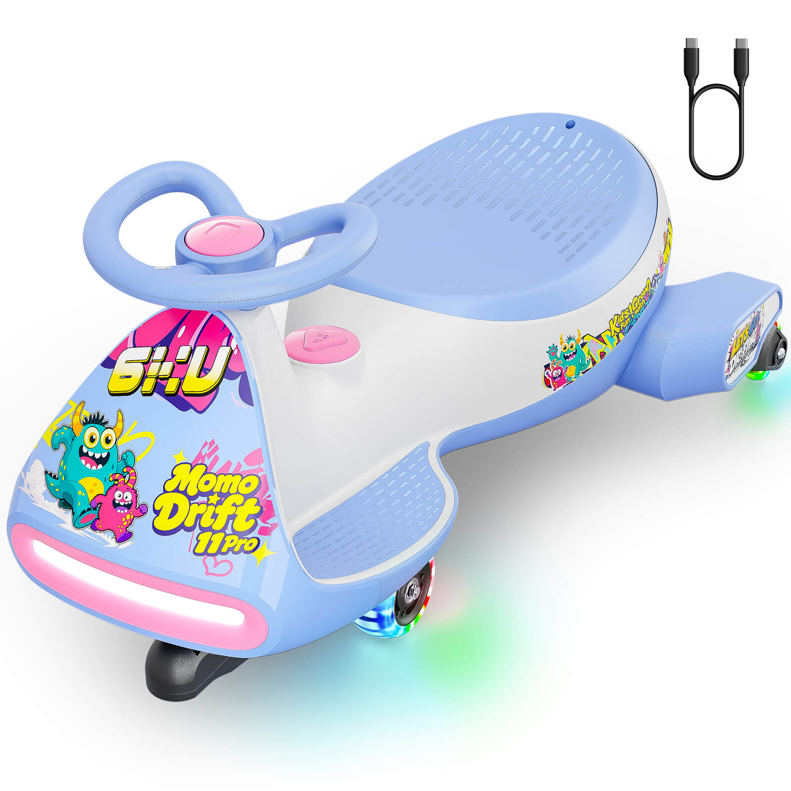 A light blue and white electric wiggle car with colorful cartoon graphics, pink buttons, and glowing LED lights, shown on a white background with a USB charging cable icon in the top right.