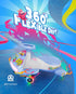 A colorful children's wiggle car with glowing multicolor wheels and playful graphic decals, shown on a bright blue abstract background with large text reading '360° FLEXIBLE DRIFT' and a small monster illustration.