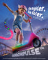 Pink kids electric scooter with rainbow LED deck lights, little girl riding at amusement park dusk, 5 lighting modes, Ride Brighter Ride Safer, child electric scooter for 5-8 years old