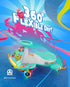A colorful children's ride-on toy car with a steering wheel and glowing multicolor wheels, shown on a bright blue graphic background with the text '360° FLEXIBLE DRIFT' and a small monster illustration.