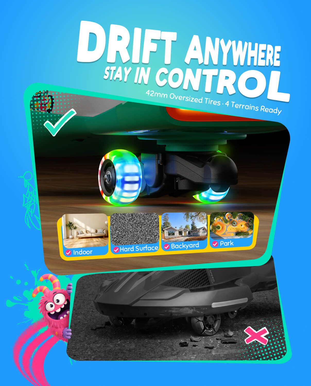 Promotional graphic for drift wheels, featuring a hoverboard with glowing multicolor LED wheels on a dark surface, large text reading 'DRIFT ANYWHERE STAY IN CONTROL,' small lifestyle scene thumbnails, and a bottom panel showing a hoverboard on pavement with drift wheels unscrewed.