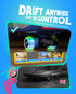 Promotional graphic for a drift car with oversized 42mm wheels, featuring a blue background, text reading 'DRIFT ANYWHERE STAY IN CONTROL,' a photo of the cart on a street with glowing multicolor wheels, small lifestyle inset photos, and a bottom panel showing the cart on pavement.