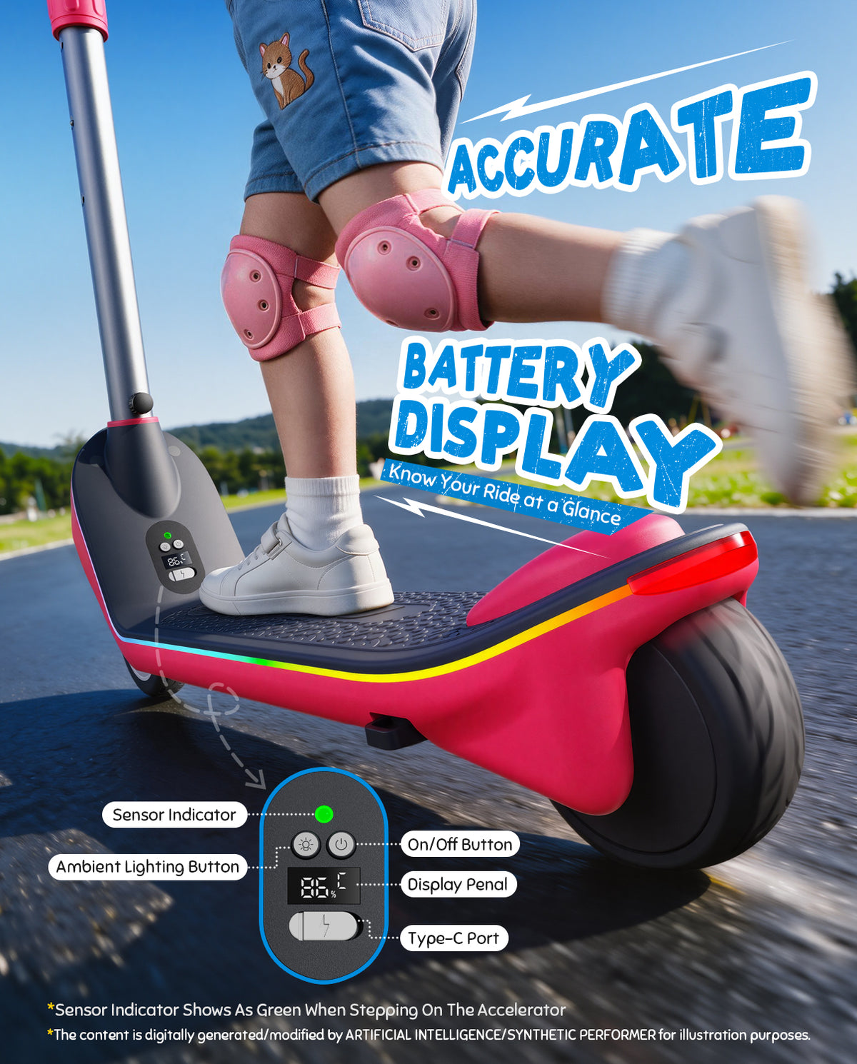 Close-up view of pink kid electric scooter foot deck, digital battery display panel with type-c port, sensor indicator, know battery level at a glance, kids e-scooter control panel