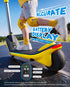 Close-up view of yellow kid electric scooter foot deck, digital battery display panel with type-c port, sensor indicator, know battery level at a glance, kids e-scooter control panel