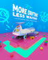 A colorful children's electric wiggle car centered on a pink platform with bright blue and pink background graphics. Large text reads 'MORE DRIFTING LESS WAITING' with smaller marketing copy below.