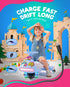 A young girl wearing denim overalls sits on a colorful wiggle car while a large black USB-C charging cable is shown in the foreground with text reading 'CHARGE FAST DRIFT LONG' and feature callouts on the left.