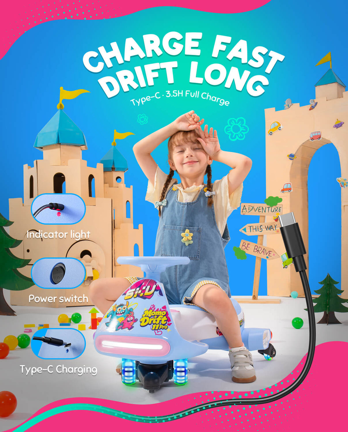 A young girl wearing denim overalls sits on a colorful wiggle car while a large black USB-C charging cable is shown in the foreground with text reading 'CHARGE FAST DRIFT LONG' and feature callouts on the left.
