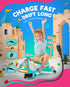 A child riding a teal and orange electric wiggle car in a colorful playset scene with castle props and large promotional text reading 'CHARGE FAST DRIFT LONG.' The image includes inset callouts for indicator light, power switch, and Type-C charging, plus a large black charging cable entering from the lower right.