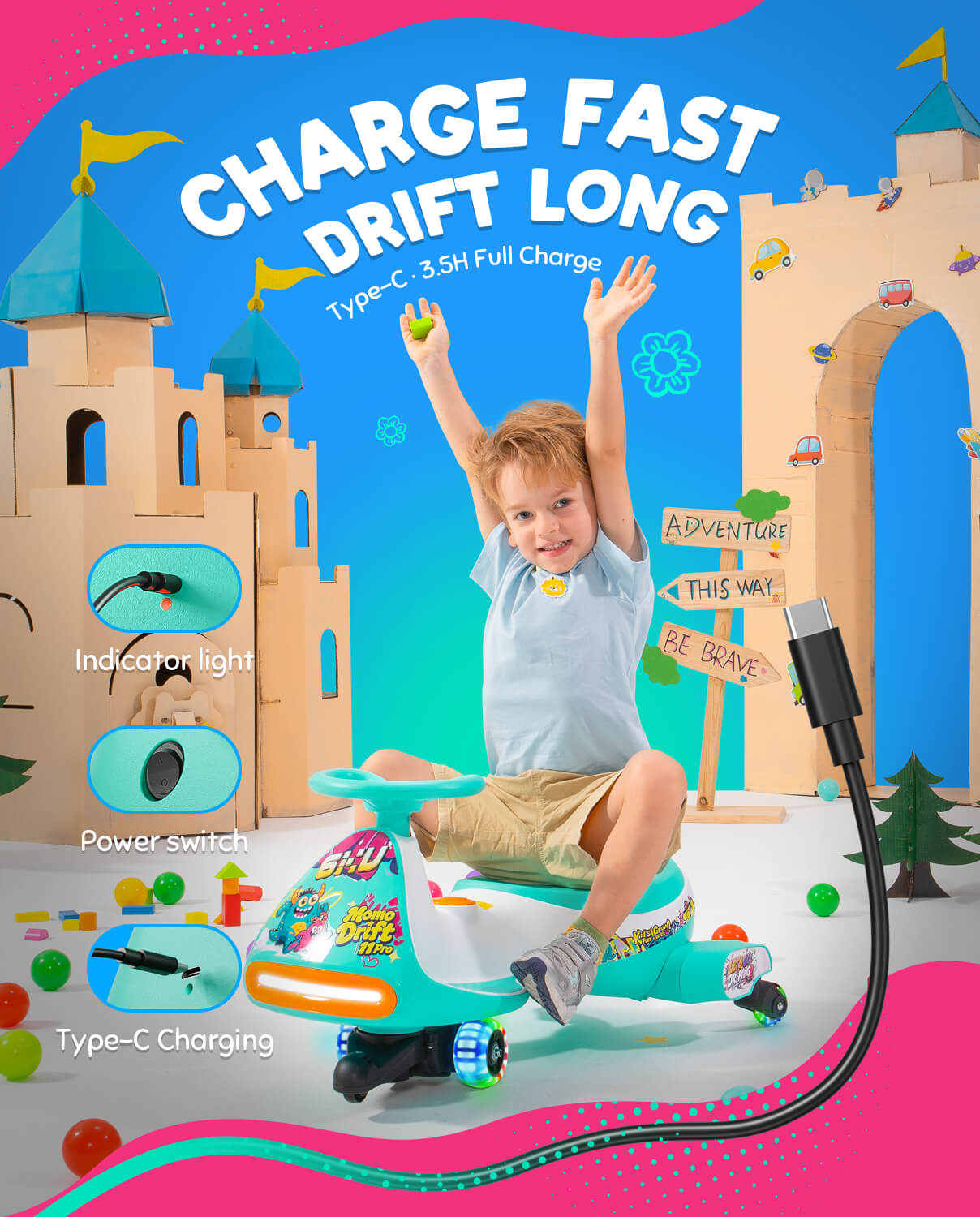 A child riding a teal and orange electric wiggle car in a colorful playset scene with castle props and large promotional text reading 'CHARGE FAST DRIFT LONG.' The image includes inset callouts for indicator light, power switch, and Type-C charging, plus a large black charging cable entering from the lower right.