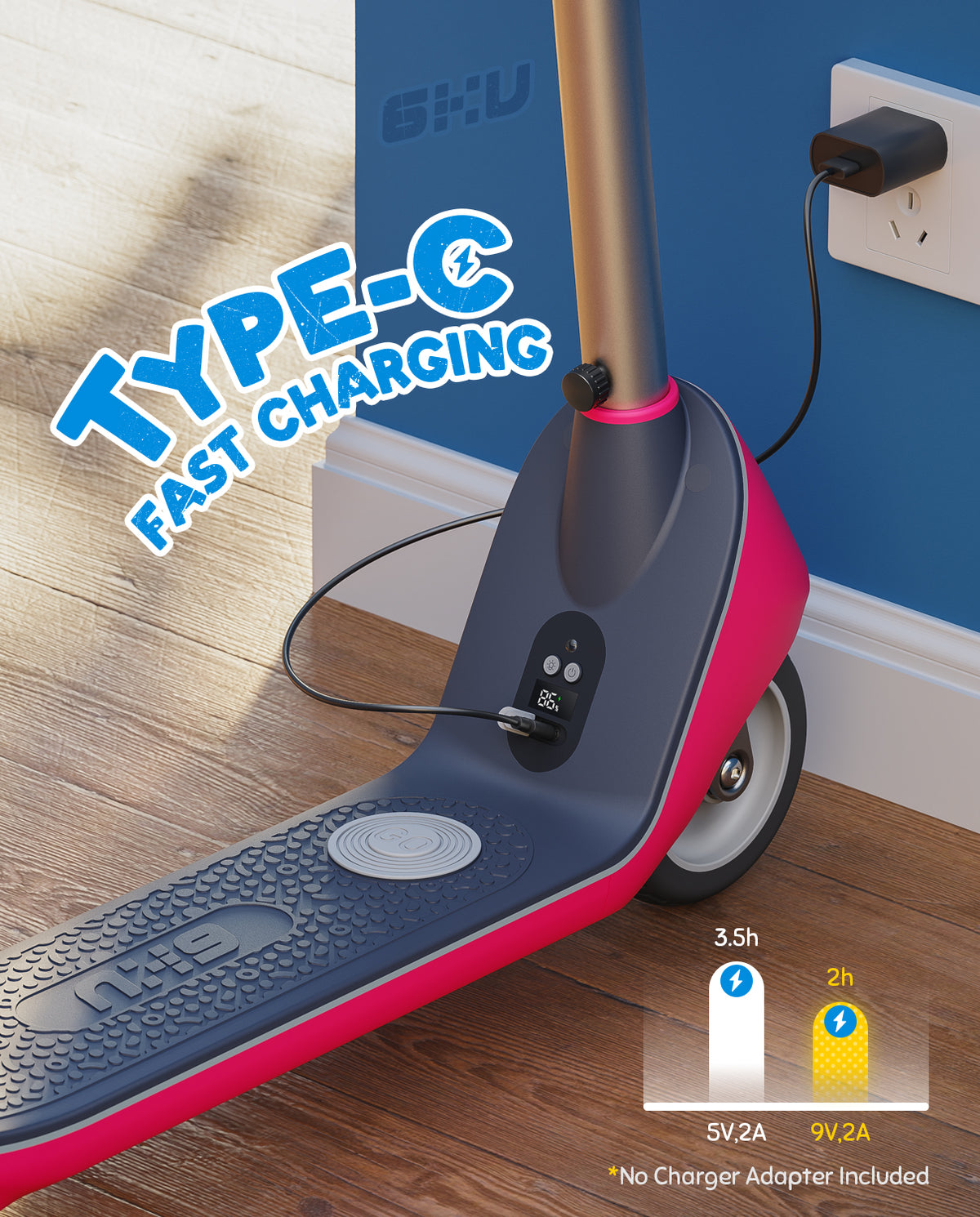 Pink kids electric scooter charging at home, Type-C fast charging port, 5V2A and 9V2A charging options, indoor wall socket charging for children electric scooter