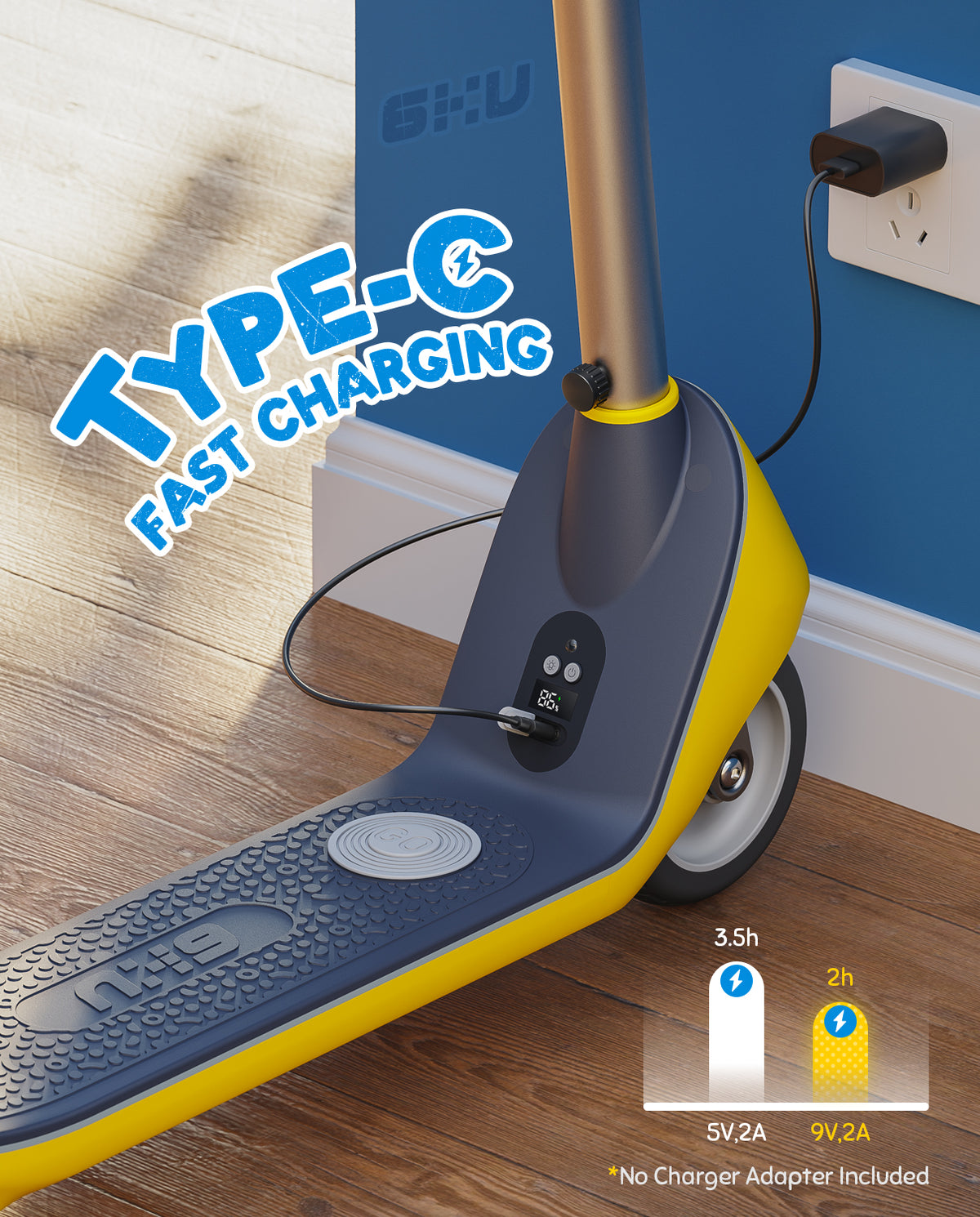 Yellow kids electric scooter charging at home, Type-C fast charging port, 5V2A and 9V2A charging options, indoor wall socket charging for children electric scooter