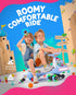 A children's electric wiggle car shown with two kids sitting on it in a colorful promotional scene. The product is a light blue ride-on with multicolored wheels and decorative graphics, set against a bright blue and pink graphic background with text reading 'ROOMY COMFORTABLE RIDE' and feature callouts like 'More than 36 months' and 'Max 150 lbs'.