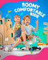 Two children riding a teal and black electric wiggle car on a colorful studio set with a castle backdrop. Large text reads 'ROOMY COMFORTABLE RIDE,' with additional size/age callouts on the left.