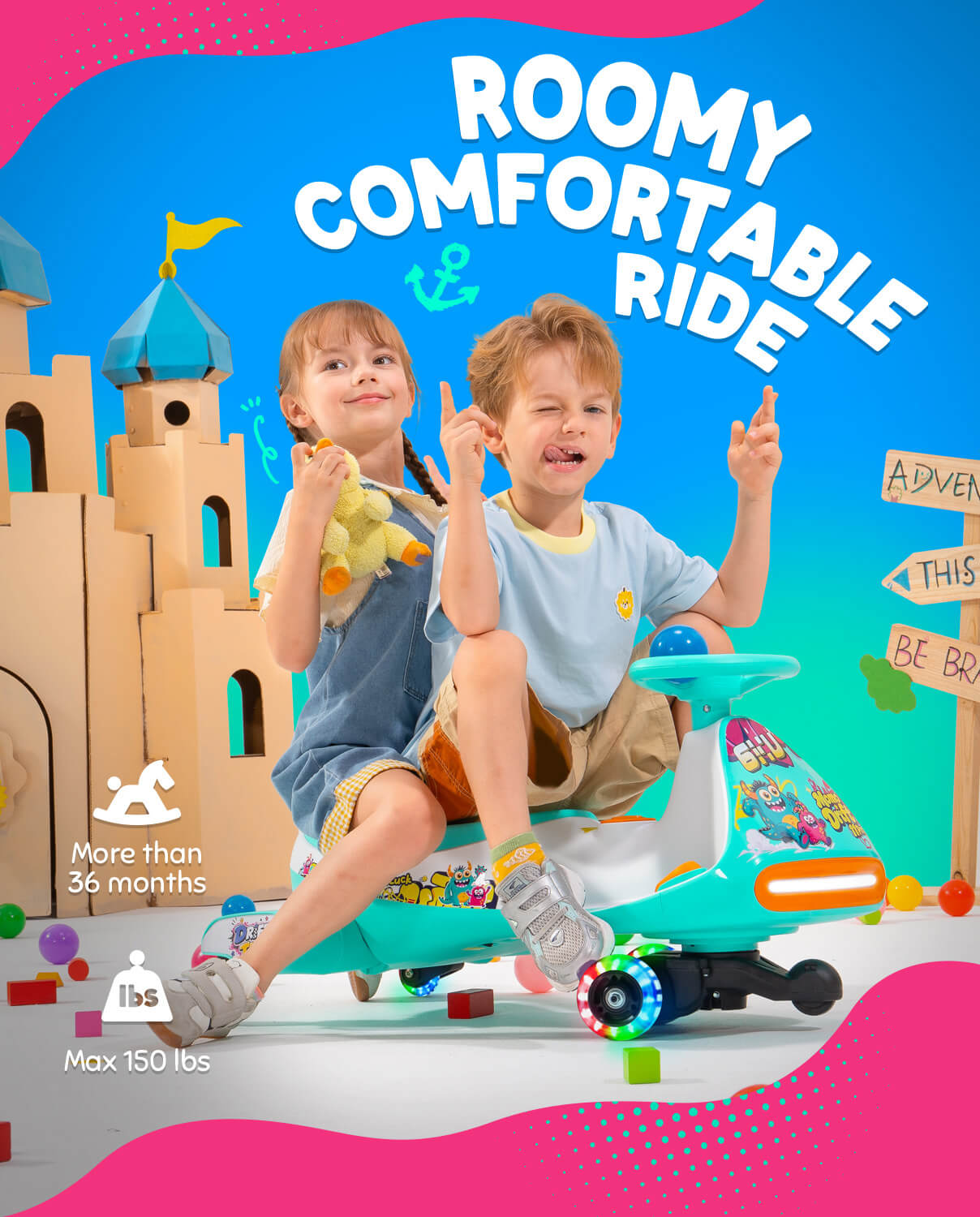 Two children riding a teal and black electric wiggle car on a colorful studio set with a castle backdrop. Large text reads 'ROOMY COMFORTABLE RIDE,' with additional size/age callouts on the left.