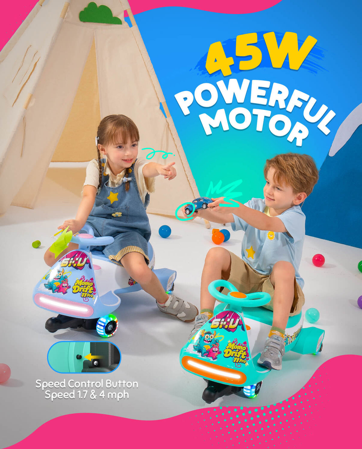 Two children riding colorful telectric wiggle car in a playful indoor setting with a teepee and text overlays highlighting a 45W powerful motor.