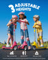 Three kids riding adjustable height electric scooters (pink, magenta, yellow), 3 handlebar heights, for kids age 5-8, height 3.6-4.9ft, max load 110lbs, outdoor playground