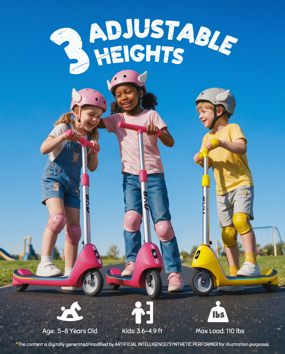 Three kids riding adjustable height electric scooters (pink, magenta, yellow), 3 handlebar heights, for kids age 5-8, height 3.6-4.9ft, max load 110lbs, outdoor playground
