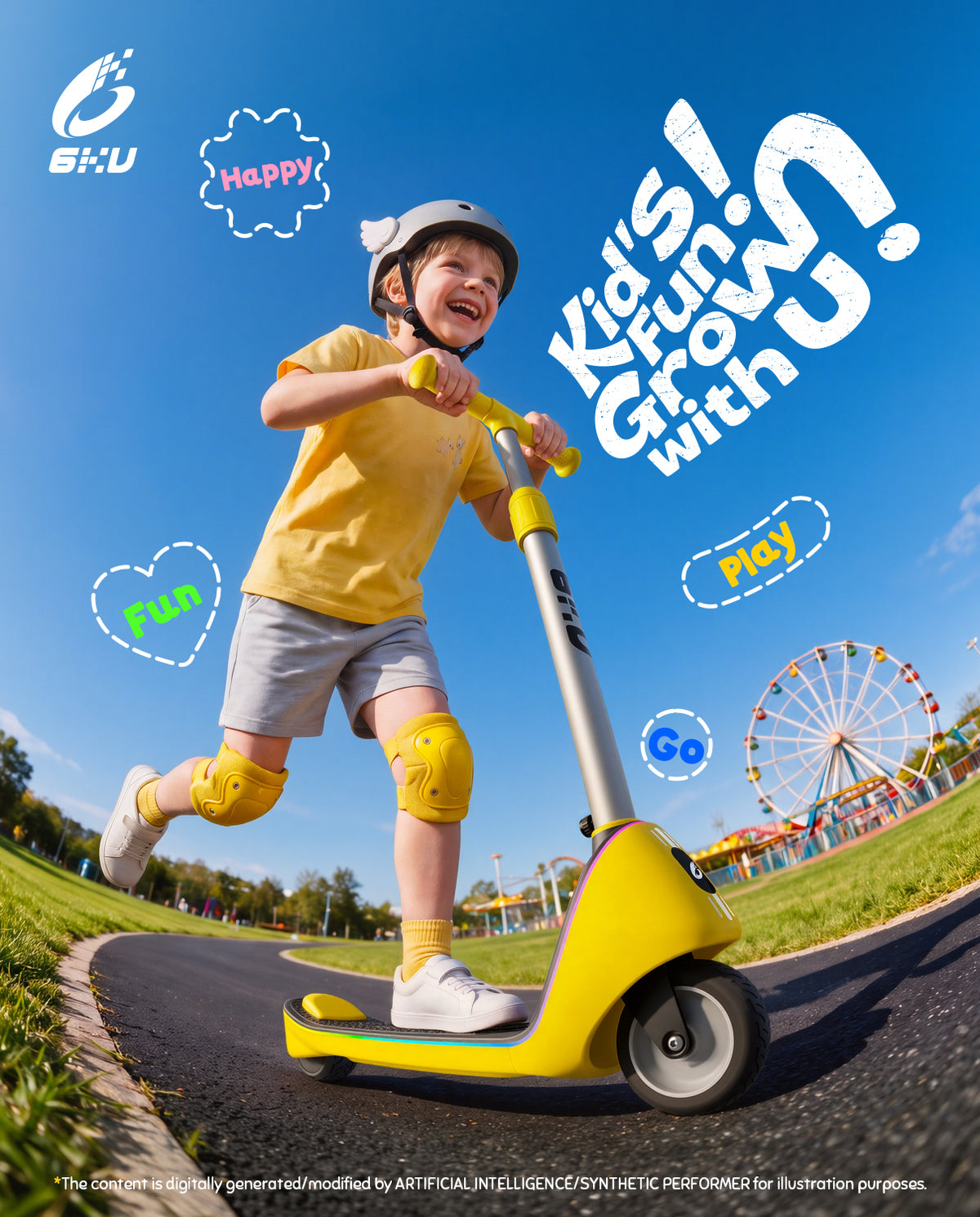 Little girl riding bright pink kids electric scooter with rainbow light strip on park trail, amusement park background, fun outdoor kids ride on toy electric scooter