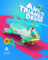A stylized product graphic for a children's electric wiggle car shaped like a triangular vehicle. The toy is predominantly mint green and white with colorful cartoon decals, shown on a bright blue and pink graphic background with large text reading 'ANTI-TIP TRIANGLE DESIGN' and feature callouts.