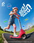 Little girl riding bright pink kids electric scooter with rainbow light strip on park trail, amusement park background, fun outdoor kids ride on toy electric scooter