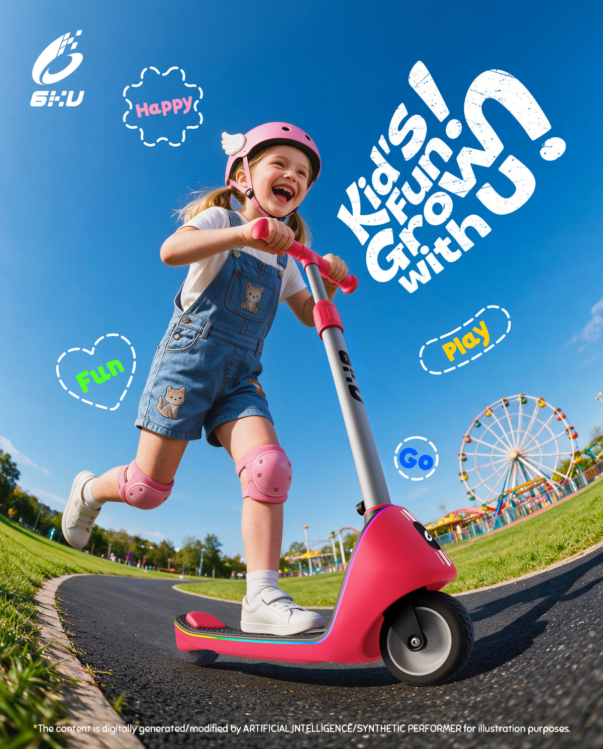 Little girl riding bright pink kids electric scooter with rainbow light strip on park trail, amusement park background, fun outdoor kids ride on toy electric scooter