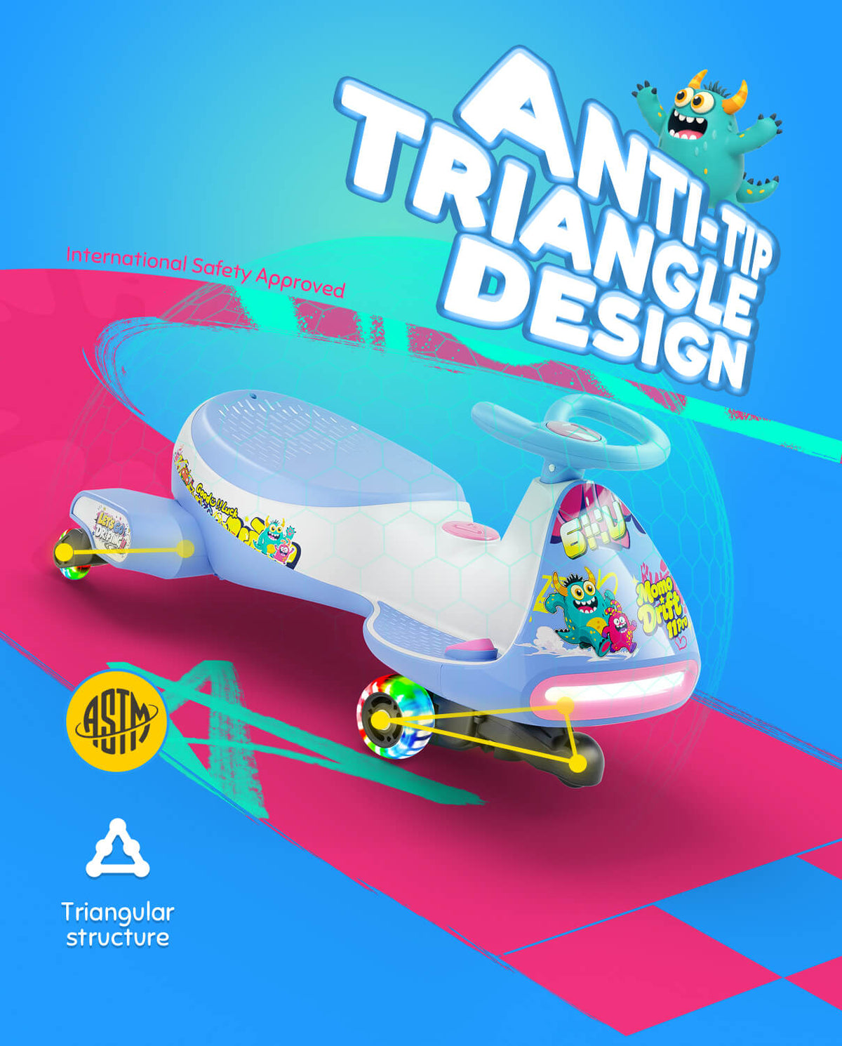 A stylized promotional graphic for a children's ride-on toy shaped like a triangle, with the text 'ANTI-TIP TRIANGLE DESIGN' and 'International Safety Approved.' The toy is predominantly white and light blue with colorful cartoon graphics and multicolored wheels, shown on a bright blue, pink, and cyan graphic background.