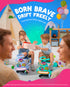 A family scene in a brightly lit playroom with two children sitting on colorful electric wiggle car while a man and woman smile in the foreground. Large text at the top reads 'BORN BRAVE DRIFT FREELY' with smaller 'International Safety Approved.