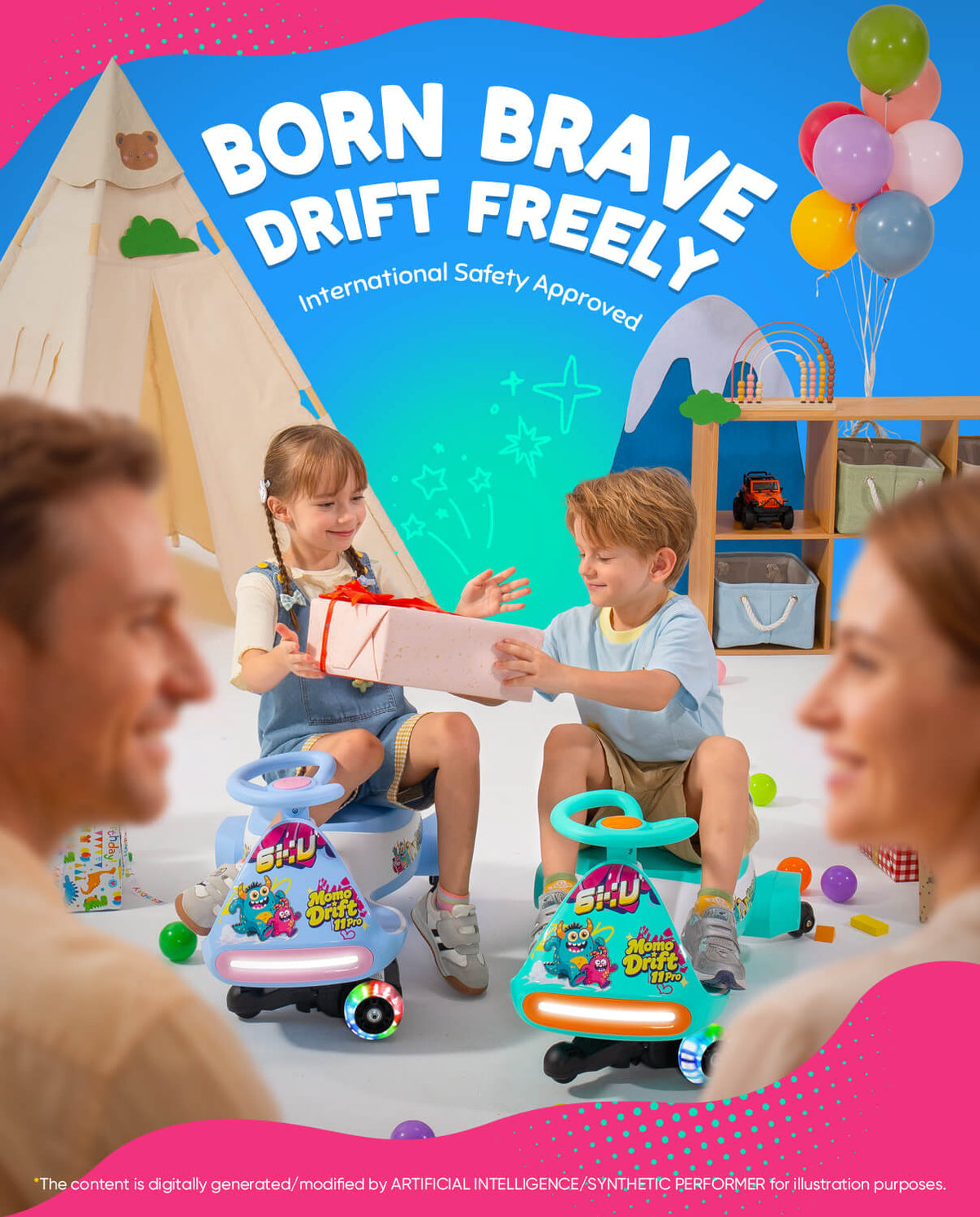 A family scene in a brightly lit playroom with two children sitting on colorful electric wiggle car while a man and woman smile in the foreground. Large text at the top reads 'BORN BRAVE DRIFT FREELY' with smaller 'International Safety Approved.